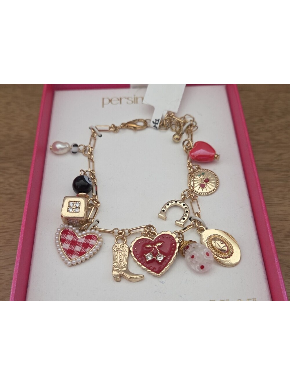 Persimmon Charm Bracelet Freshwater Pearl Red Heart Cowboy Boot Horseshoe NWT